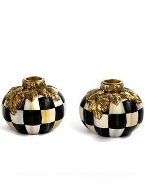 Mackenzie-Childs Courtly Check Pumpkin Candlestick Holders!  HTF and Retired.